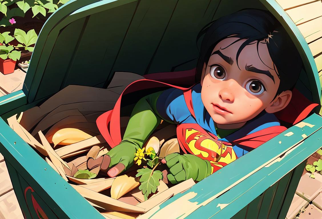 A child wearing a superhero cape, holding a small compost bin, helping their family recycle in a community garden..