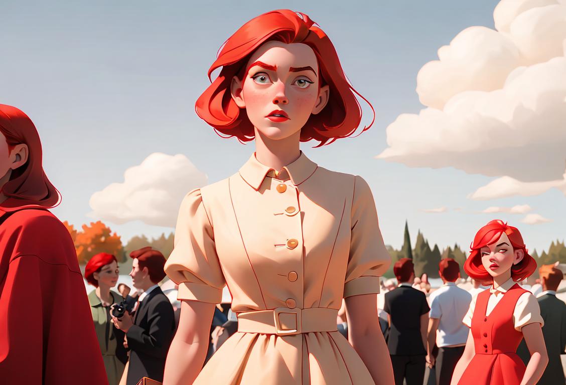 A group of diverse redheads walking through a picturesque park, with one redhead wearing a vintage dress and another sporting a trendy hipster outfit..