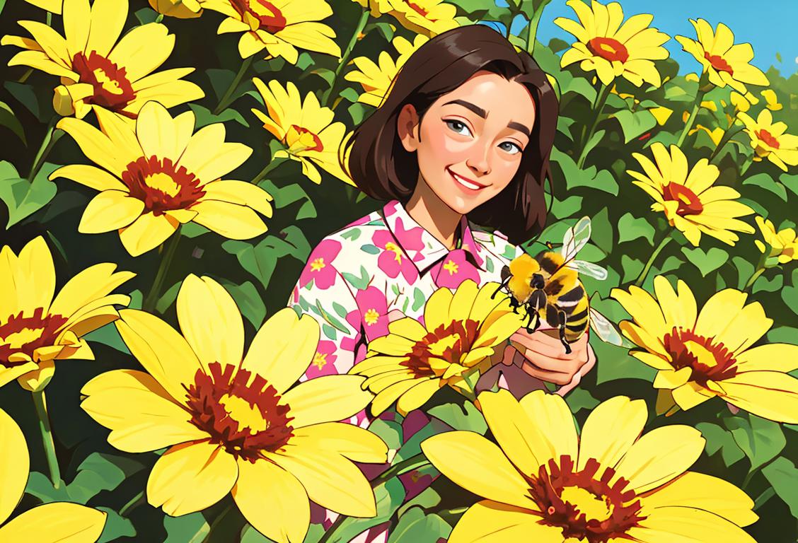 A beekeeper with a wide smile, wearing a floral-printed beekeeper suit, surrounded by vibrant, blooming flowers in a sunny garden..