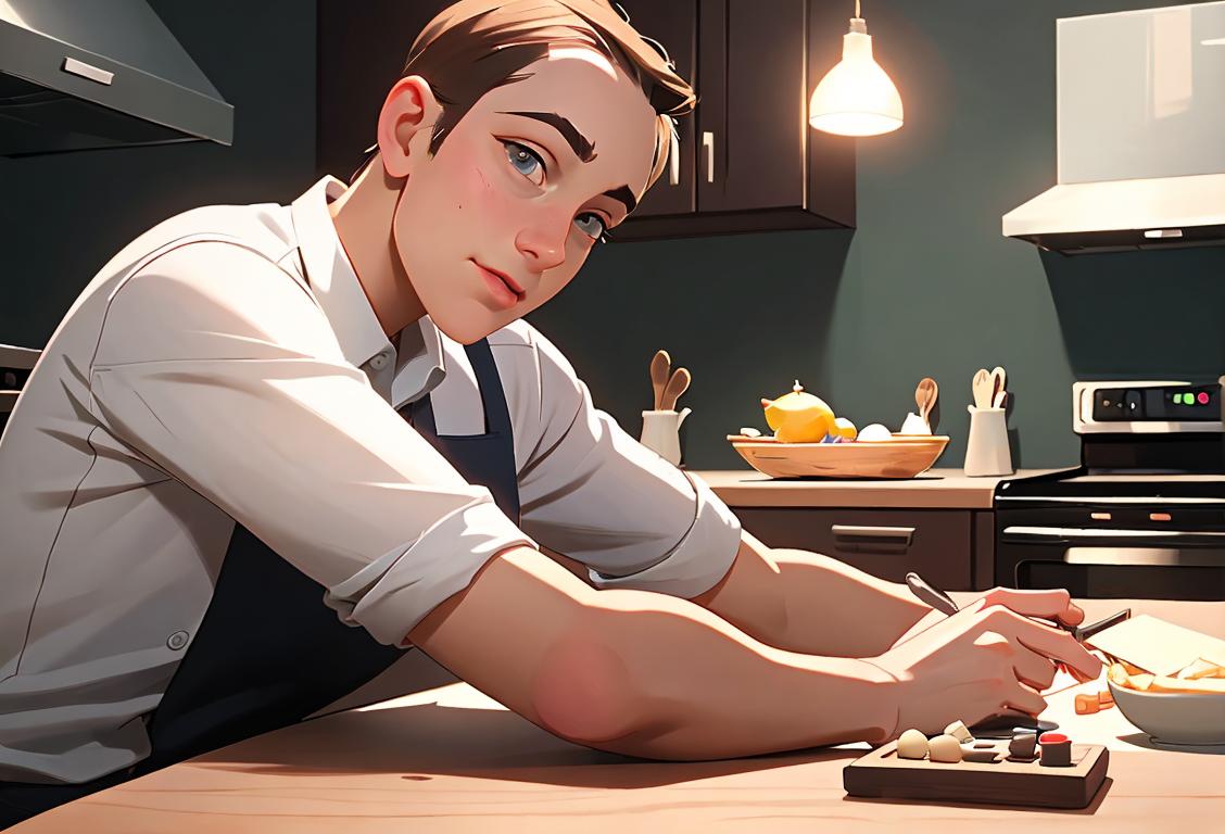A person in casual attire holding a reset button, with scenes of work, kitchen, and social settings in the background..