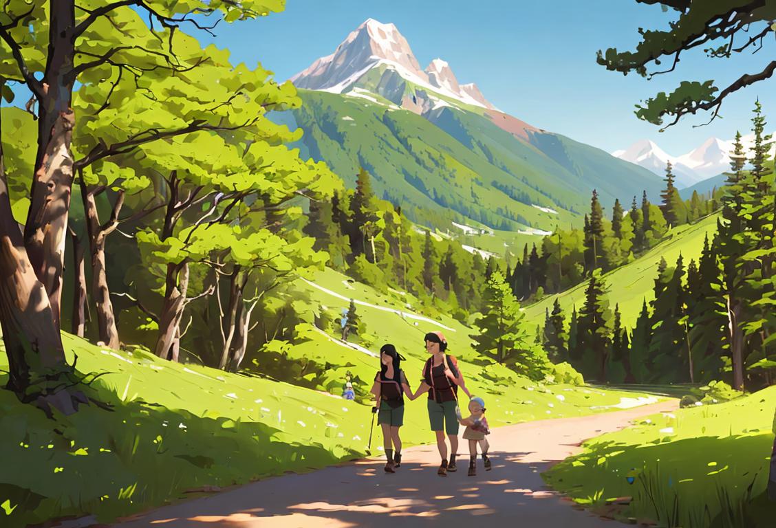 Family hiking in a national park, wearing outdoor gear, surrounded by lush greenery and breathtaking mountain scenery..