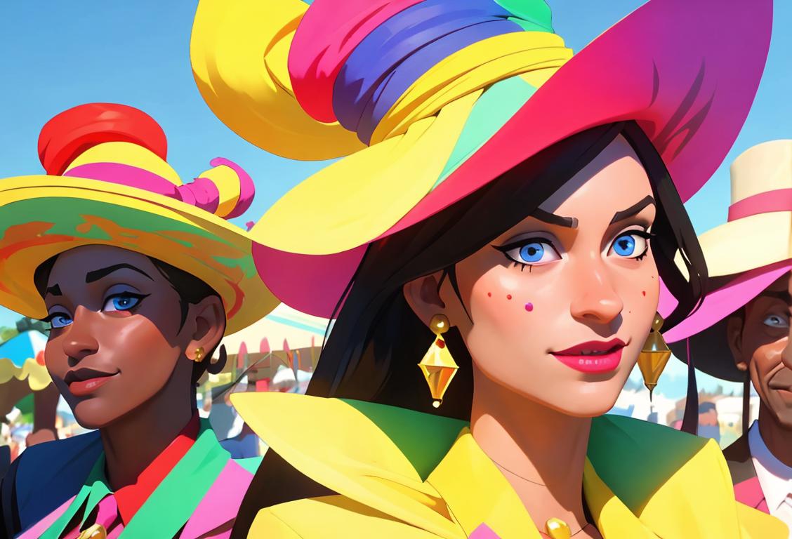 A diverse group of people in colorful attire, with fancy hats and accessories, celebrating National Name Yourself Day in a vibrant carnival setting..