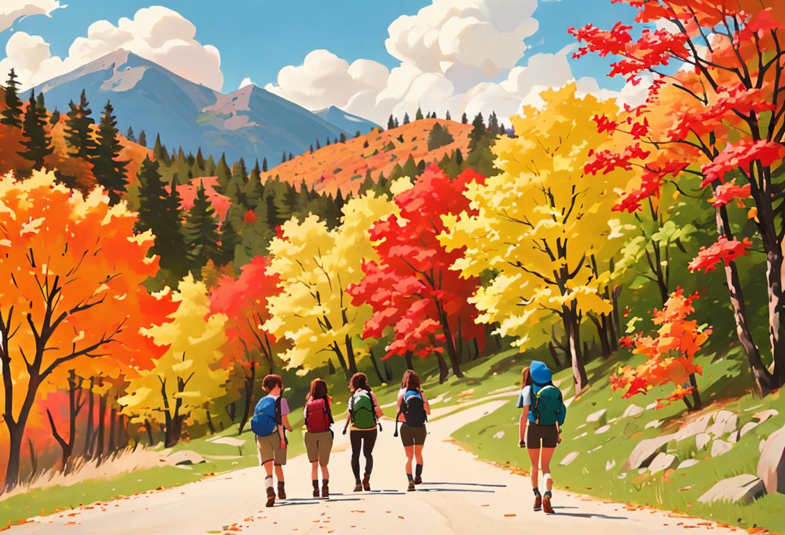 Group of diverse hikers enjoying a scenic trail, sporting backpacks, lively outdoor atmosphere with colorful autumn foliage..