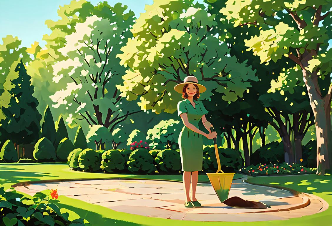 Happy person holding a shovel, surrounded by vibrant green trees, wearing a gardening hat, peaceful garden scene..