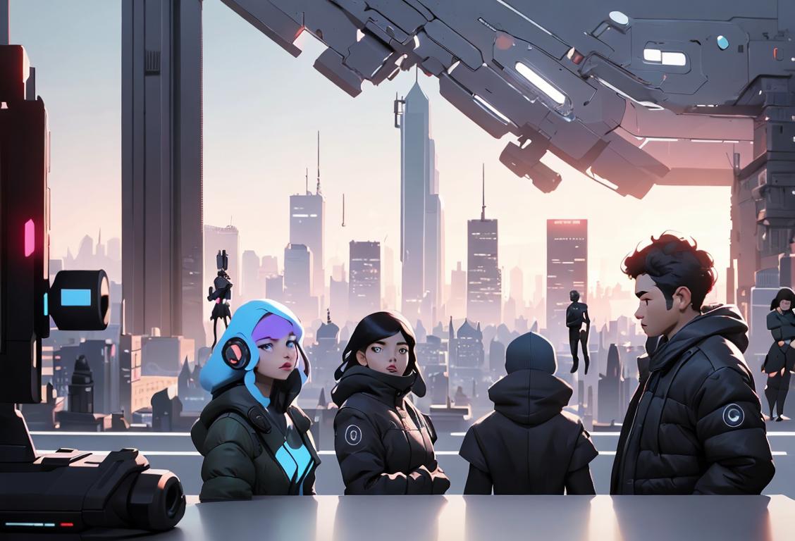 A group of diverse people wearing trendy tech gadgets, posing against a futuristic cityscape backdrop..