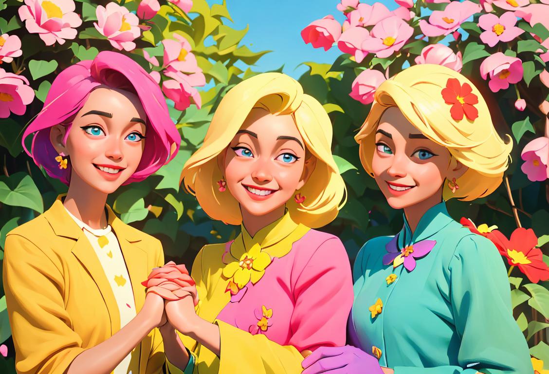 A group of diverse individuals, smiling and holding hands, dressed in bright and colorful clothes, surrounded by a vibrant garden of flowers..