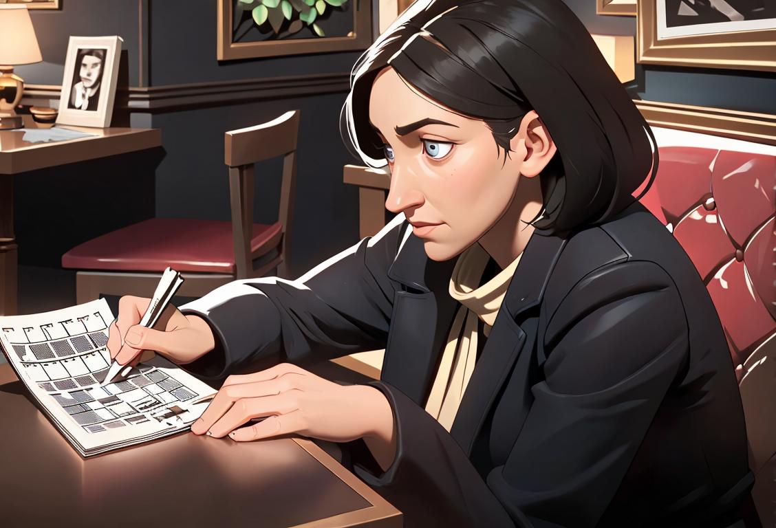 A person holding a crossword puzzle in one hand, concentration on their face, sitting in a cozy café setting..