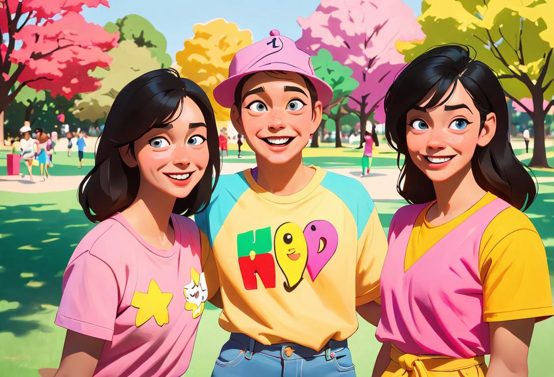 Happy Jim day! A group of diverse people named Jim, smiling together in a colorful, vibrant park setting, wearing casual attire..