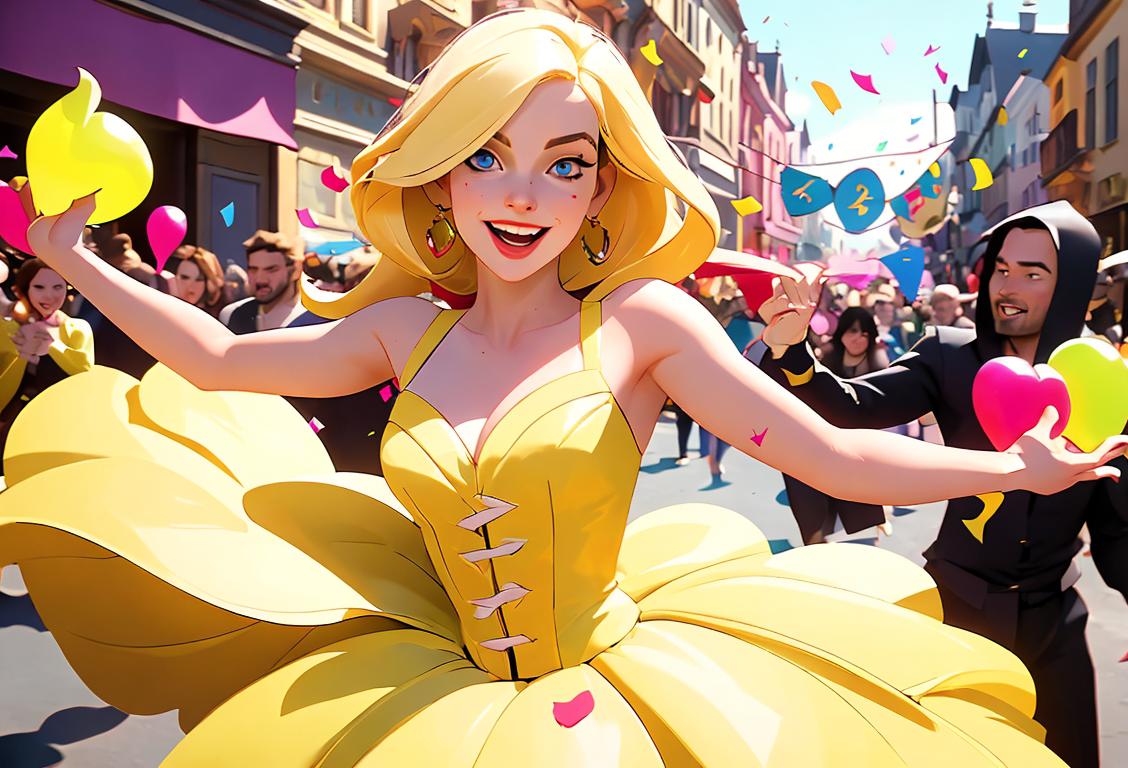 A group of people in colorful colifer costumes, dancing in a vibrant street parade, surrounded by confetti and happy spectators..
