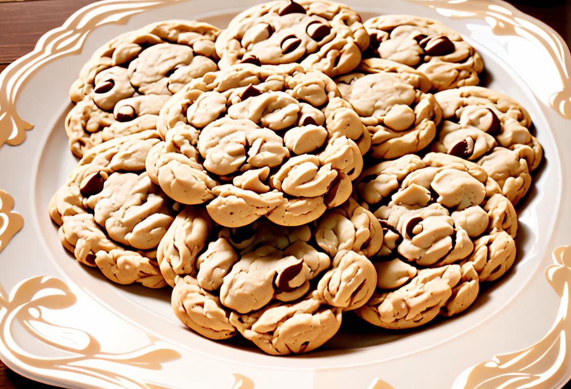 A close-up of a lace-inspired oatmeal cookie, delicately placed on a vintage floral plate, surrounded by rustic elements..