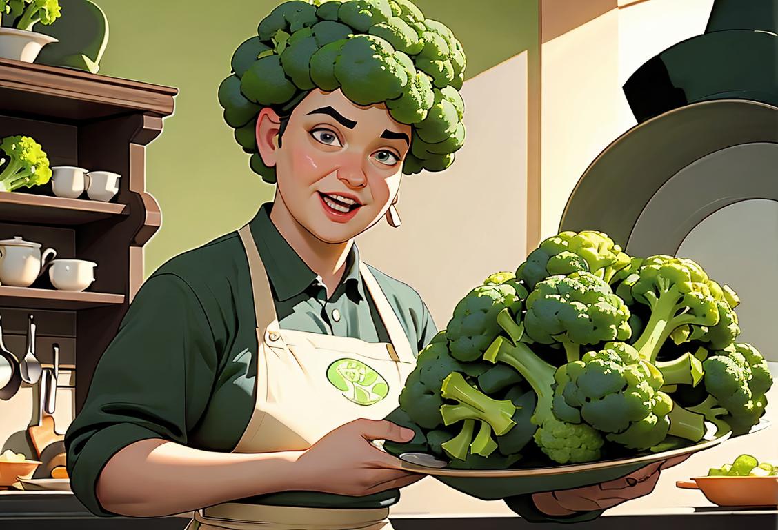 A person excitedly holding a plate filled with delicious broccoli, wearing a chef's hat and apron, surrounded by a vibrant kitchen setting..