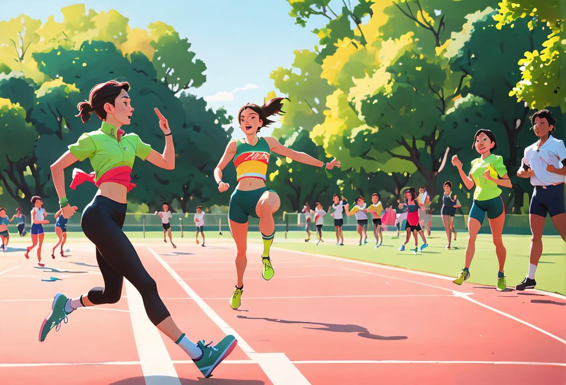 Energetic person in running gear, stylishly stretching their legs in a vibrant park surrounded by cheering spectators..