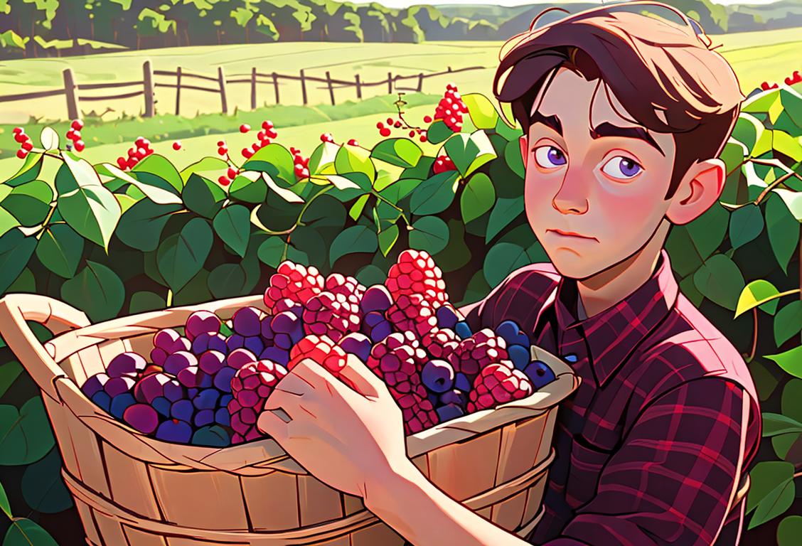 Charming boy holding a basket of juicy boysenberries, wearing a plaid shirt, rustic farm backdrop..