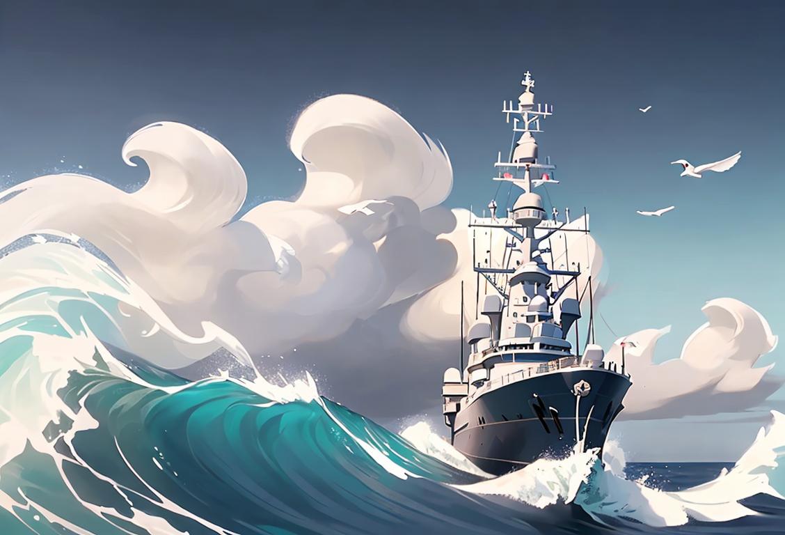 Young sailor in crisp white uniform, standing on the deck of a majestic naval ship, surrounded by ocean waves and seagulls flying overhead..