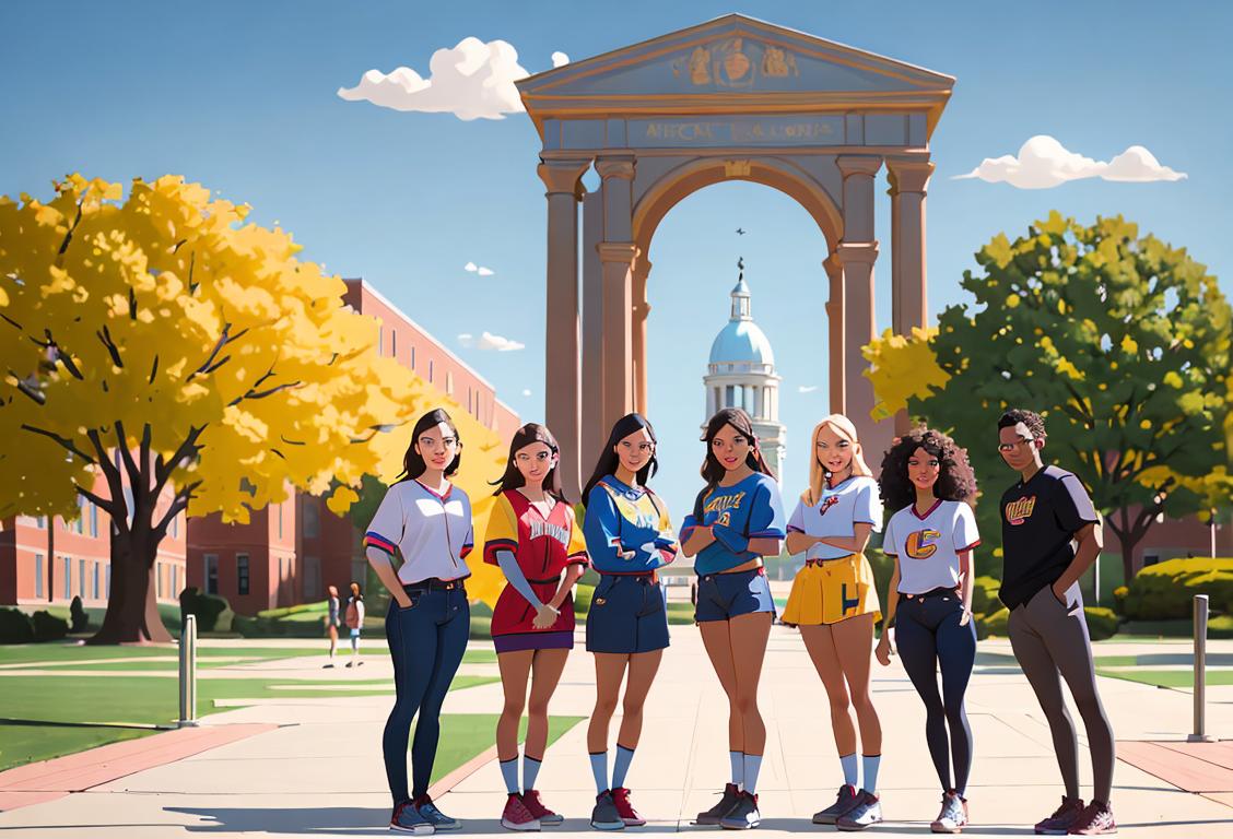 Group of diverse college students wearing their school colors, showcasing their unique fashion styles and standing in front of their university's iconic landmark..