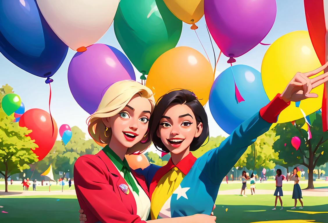 Joyful young adults, dressed in colorful and diverse outfits, celebrating freedom in a park filled with vibrant flags and balloons.