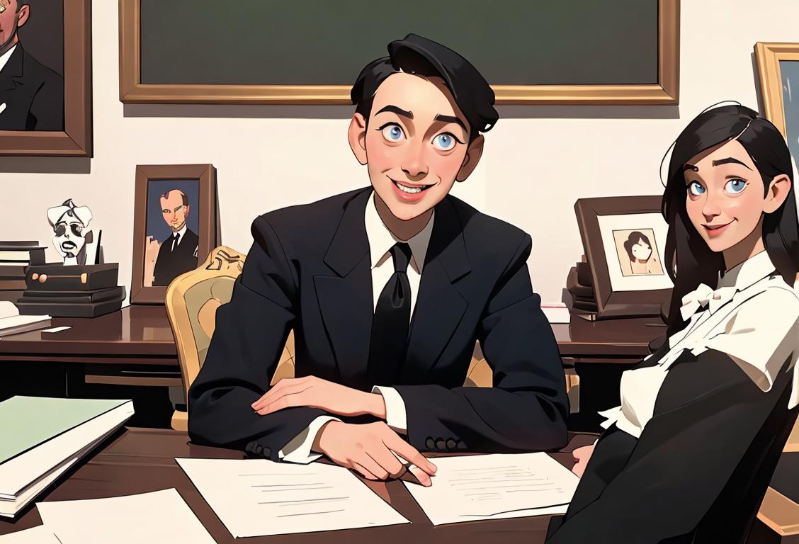 A cheerful person, wearing formal attire, sitting at a desk in a bustling office, surrounded by supportive colleagues..