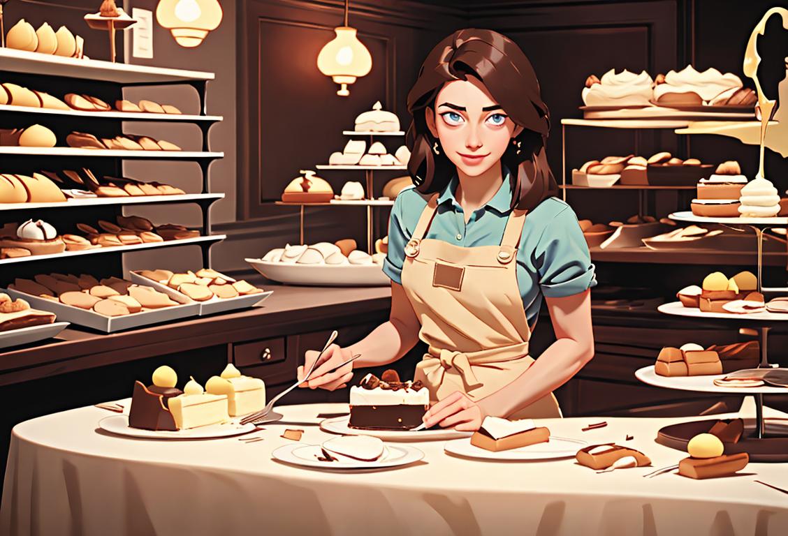 Person holding a dessert fork, wearing an apron, surrounded by various delicious desserts, bakery setting..