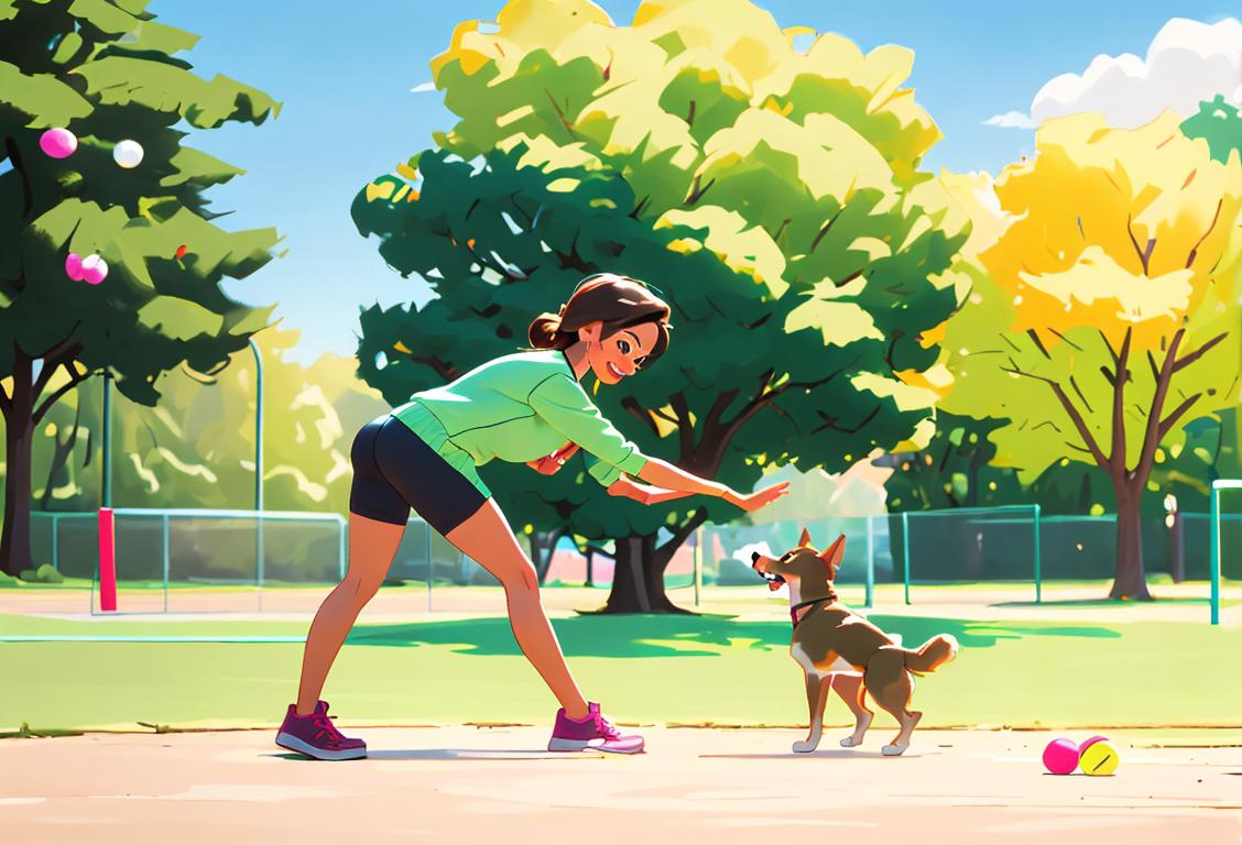 Young woman playing fetch with a happy dog at a vibrant dog park, wearing comfortable activewear, outdoors in a sunny, green park setting..