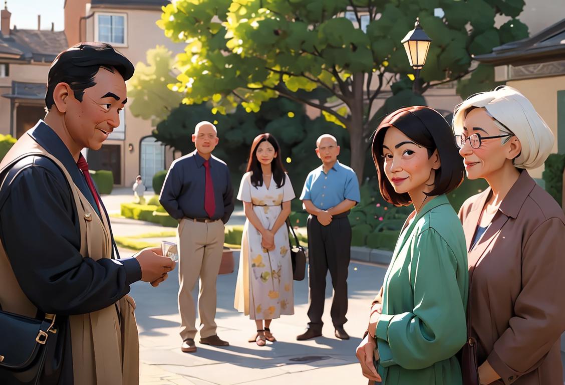 A diverse group of adults of different ages and ethnicities, dressed casually and smiling, gathered in a community setting..