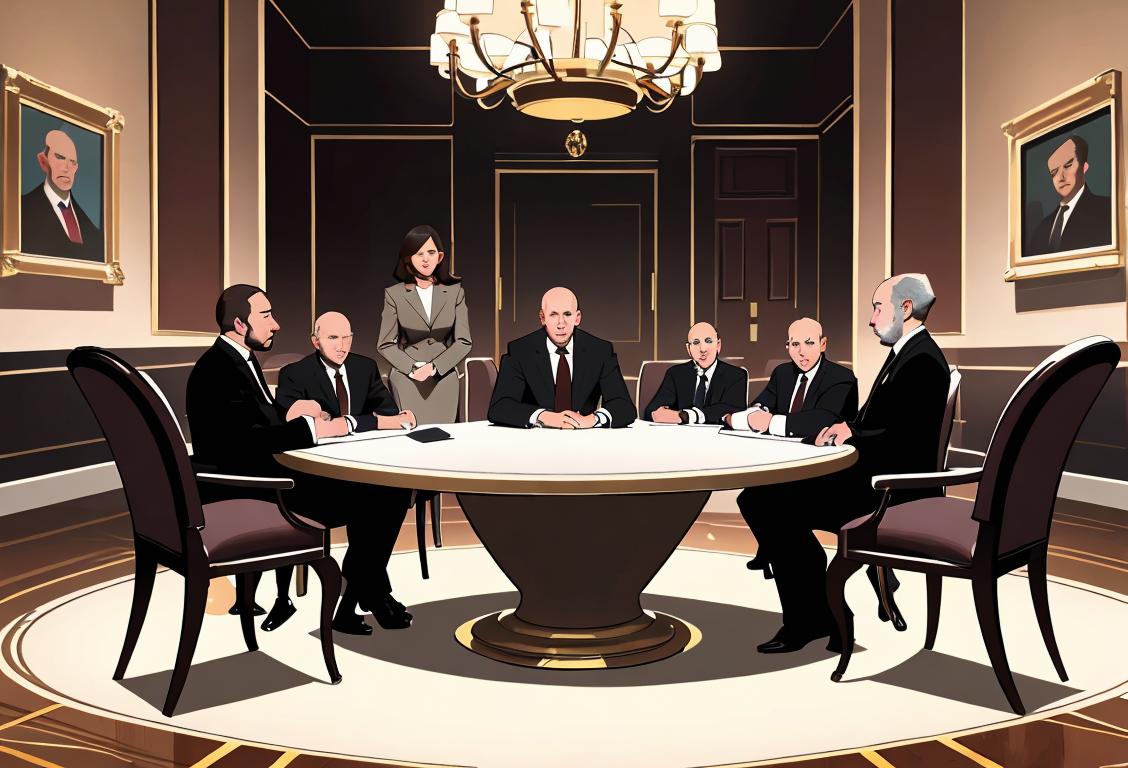 A group of diverse individuals in formal attire, gathered around a table, discussing classified information under tight security..