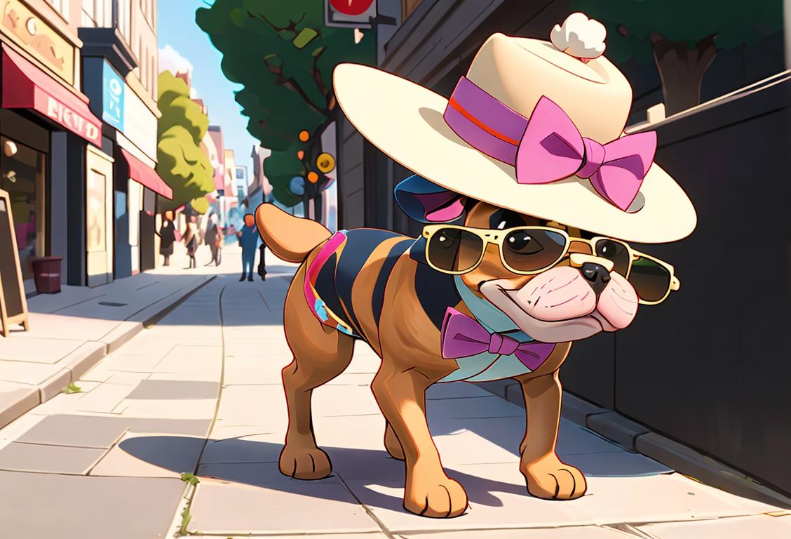 A cute dog wearing a stylish hat, sunglasses, and a bowtie, walking on a vibrant outdoor city street..