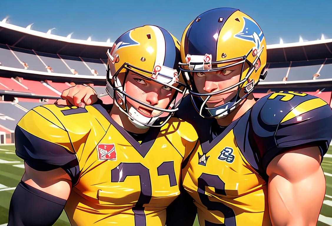 Two football players in tight end jerseys embracing, wearing helmets, on a stadium field with cheering fans..
