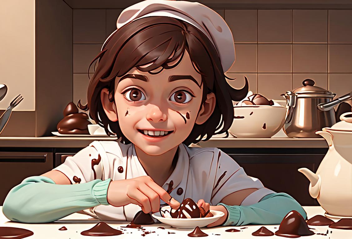 A happy child with messy chocolate-covered hands, wearing a chef hat, surrounded by a kitchen filled with chocolate treats and utensils..