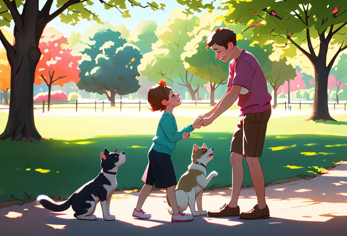 A heartwarming image prompt for National Pet Day. A joyful family playing with their adorable pets in a beautiful park setting, wearing casual and comfortable clothing. Childhood innocence meets furry companionship in this delightful scene..