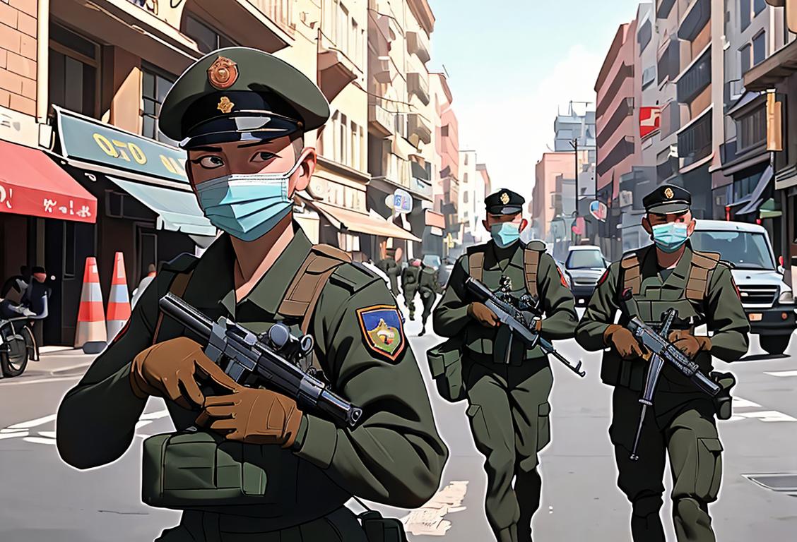 A diverse group of National Guard members in uniform assisting in COVID-19 relief efforts, wearing masks and gloves, city street scene in the background..
