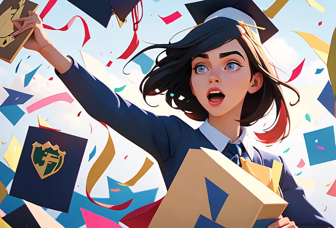 Young woman throwing graduation cap in the air, celebrating with confetti, wearing a stylish outfit, vibrant university campus setting..