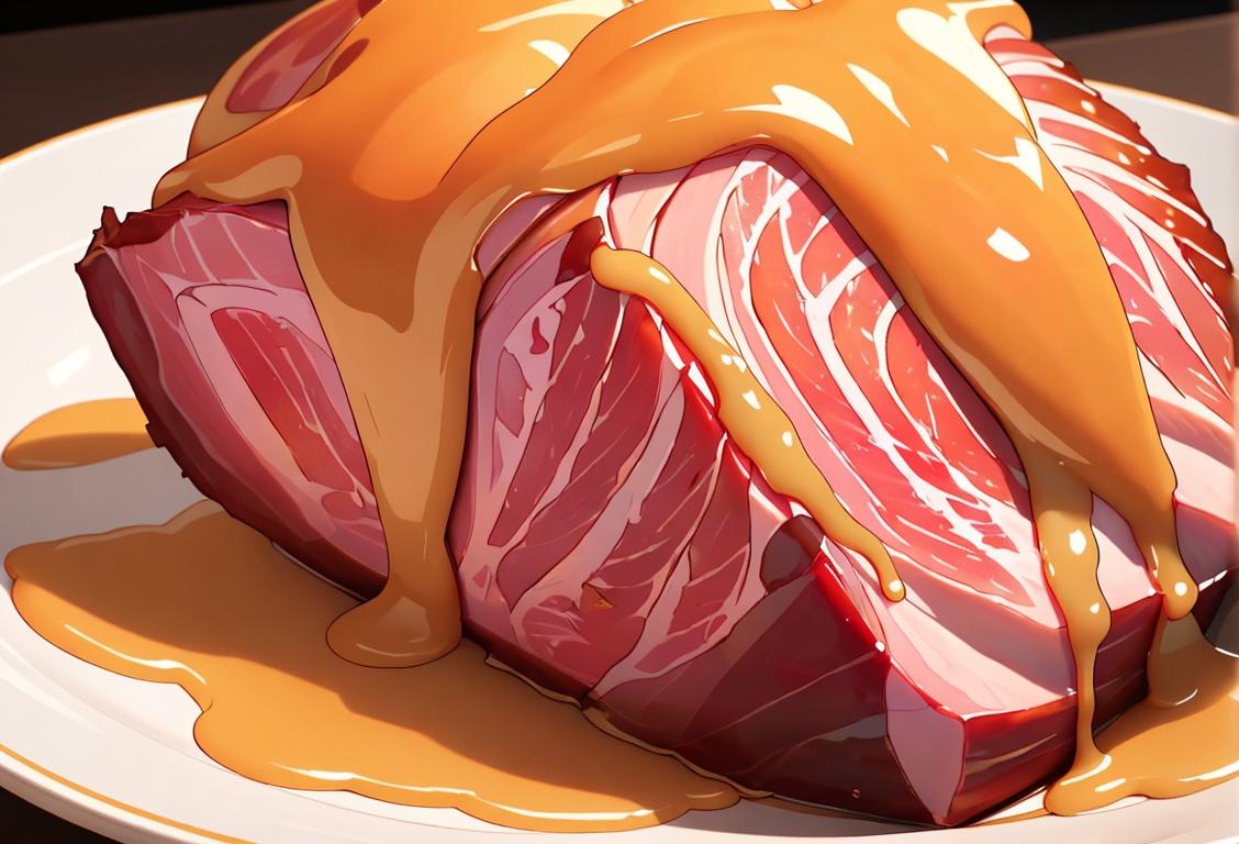 A close-up shot of a beautifully glazed ham, shining with a sweet and savory golden glaze. Stylishly plated with vibrant garnishes..
