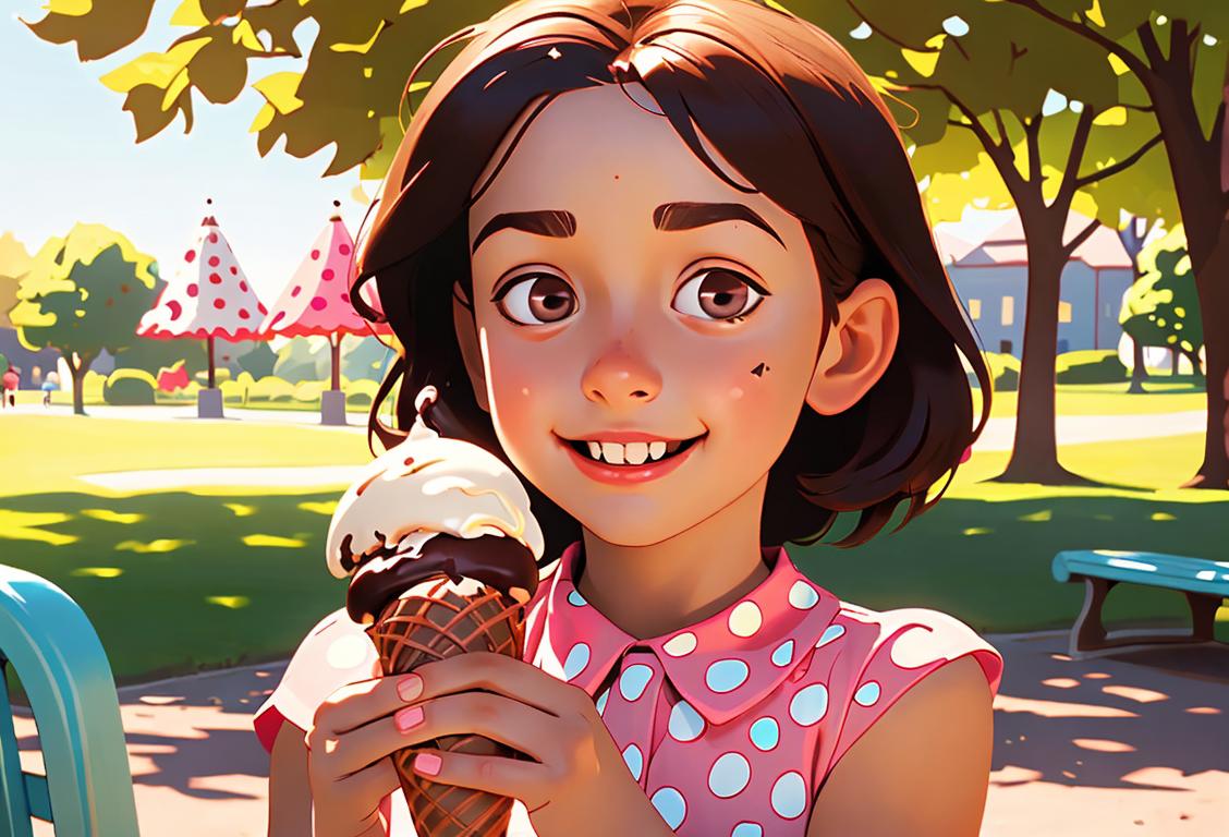 A joyful child holding a chocolate ice cream cone, wearing a polka dot dress, in a sunny park setting..