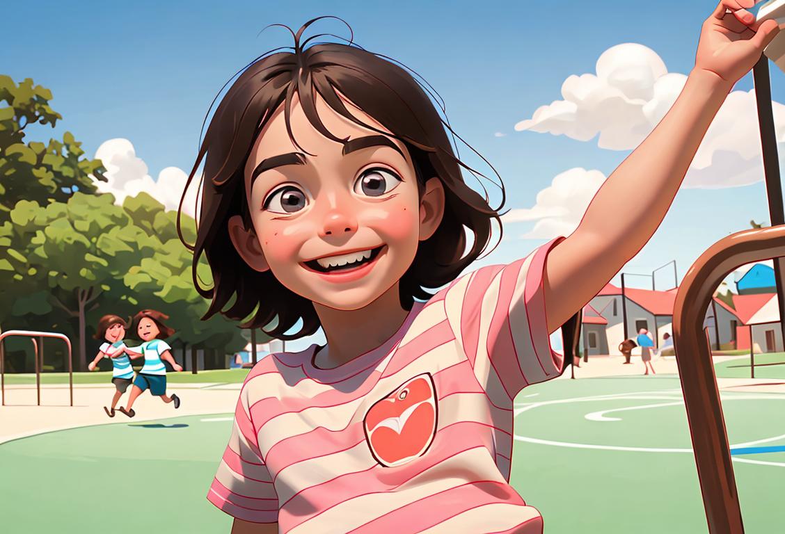 A joyful child with a huge smile on their face, wearing a classic striped t-shirt, outdoor playground setting..