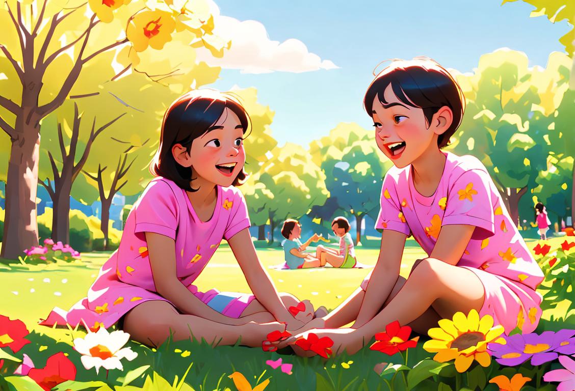 Two siblings, a brother and a sister, laughing and playing in a sunny park, dressed in casual summer outfits, surrounded by colorful flowers and picnic blankets..