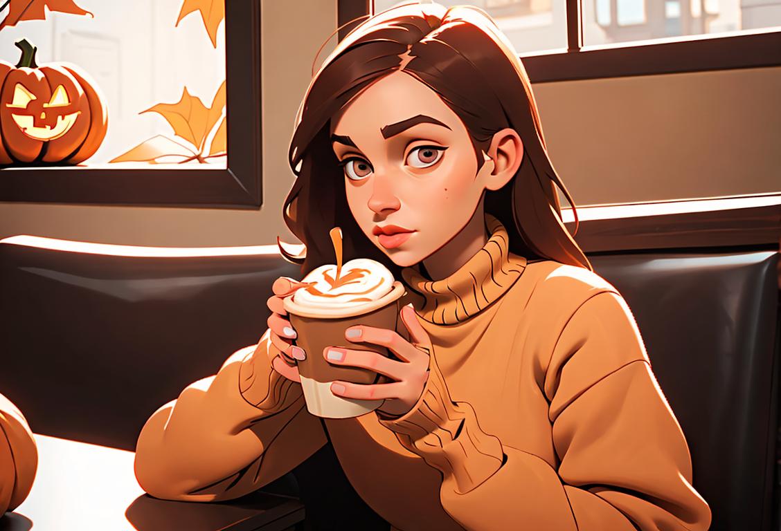 Young woman holding a pumpkin spice latte, wearing a cozy sweater, sitting in a cafe adorned with autumn decor..