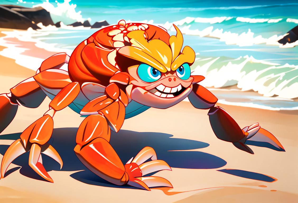 Energetic young man in a crab costume, happily cracking open a crab, beach setting, wearing a colorful Hawaiian shirt..