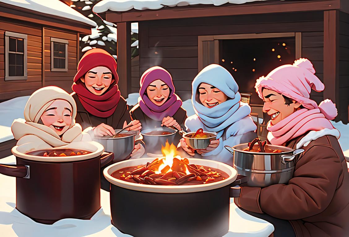 A cozy winter scene: A group of friends gathered around a steaming pot of chili, bundled up in scarves and hats, enjoying the warmth and laughter..