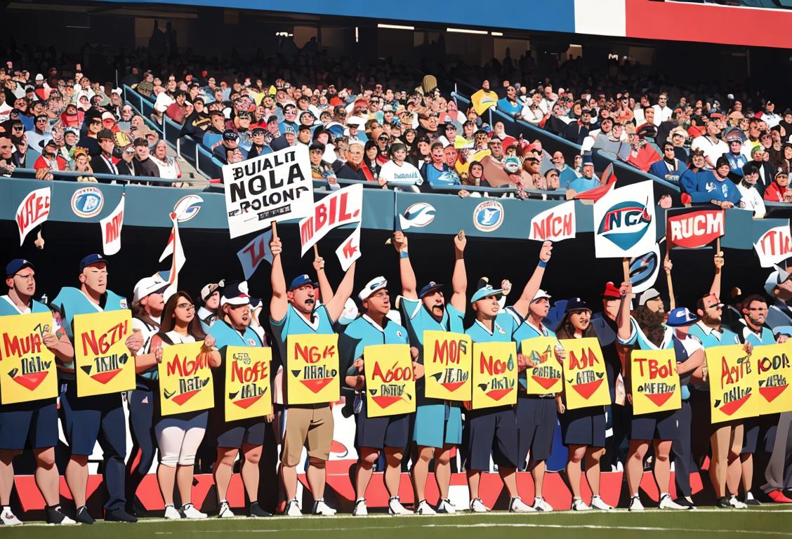 Group of diverse people wearing NFL team jerseys, cheering and holding signs with passionate slogans in a stadium filled with excitement..