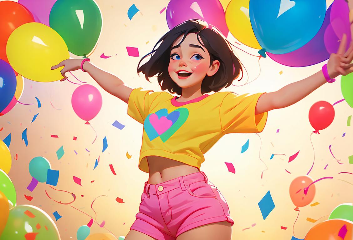 Young woman doing a happy dance, wearing bright colored shorts, surrounded by colorful balloons and confetti..