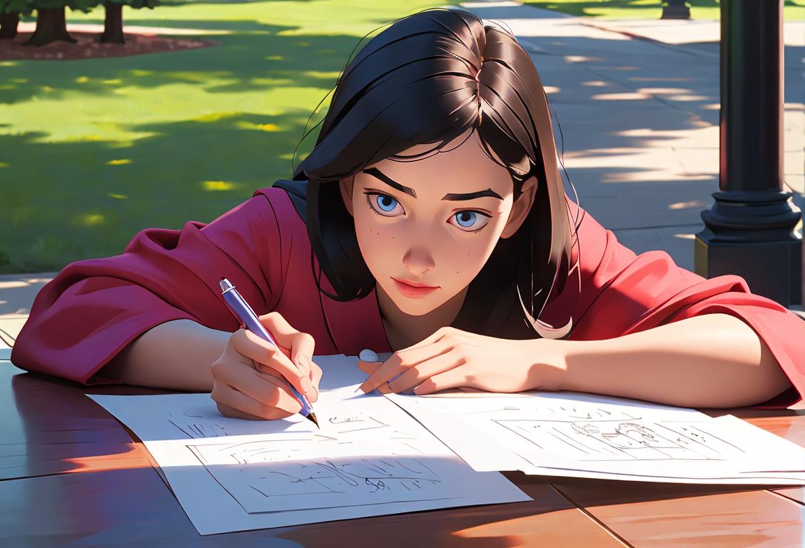 A young student in a graduation gown, holding a pen and paper, surrounded by college campus scenery..