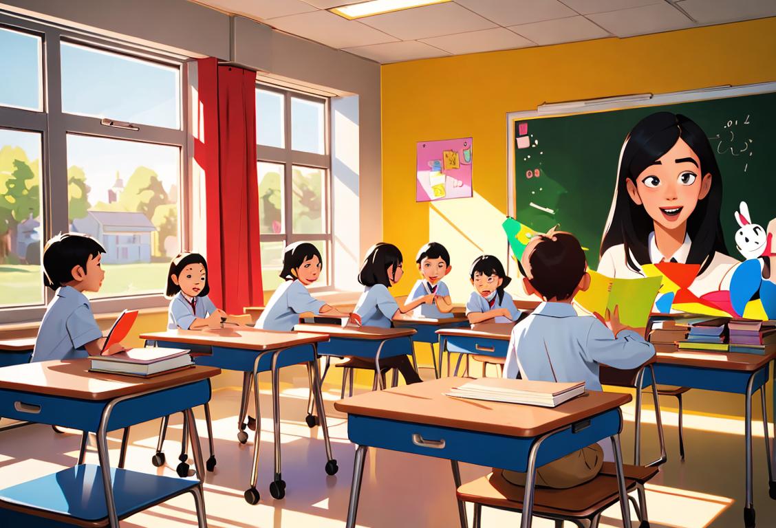 A diverse group of children, wearing school uniforms, excitedly sharing books and knowledge in a colorful classroom setting..