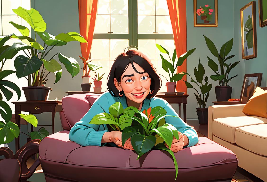 A joyful person, surrounded by a variety of vibrant houseplants, enjoying indoor gardening in a cozy living room..