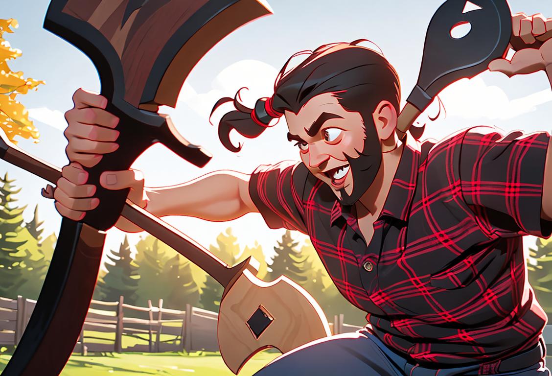 Cheerful person flinging an axe with precision, dressed in plaid shirt, outdoor rustic setting..