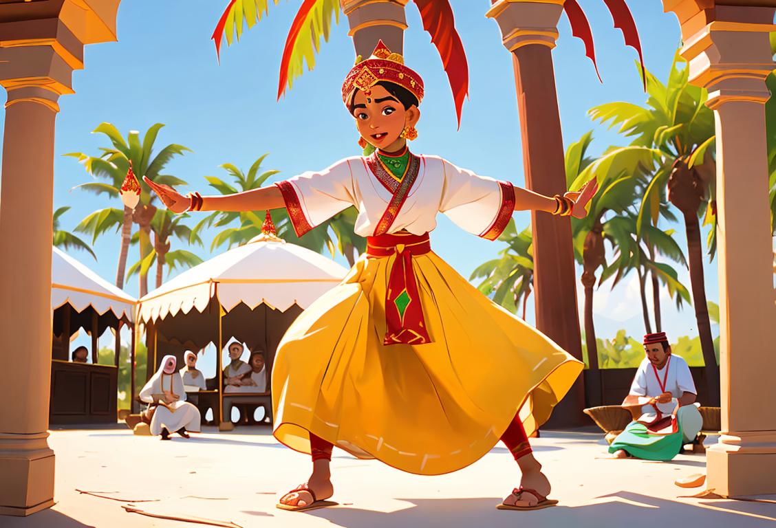 Multicultural group of people in traditional Omani attire, engaging in a cultural dance, surrounded by vibrant decorations and palm trees..