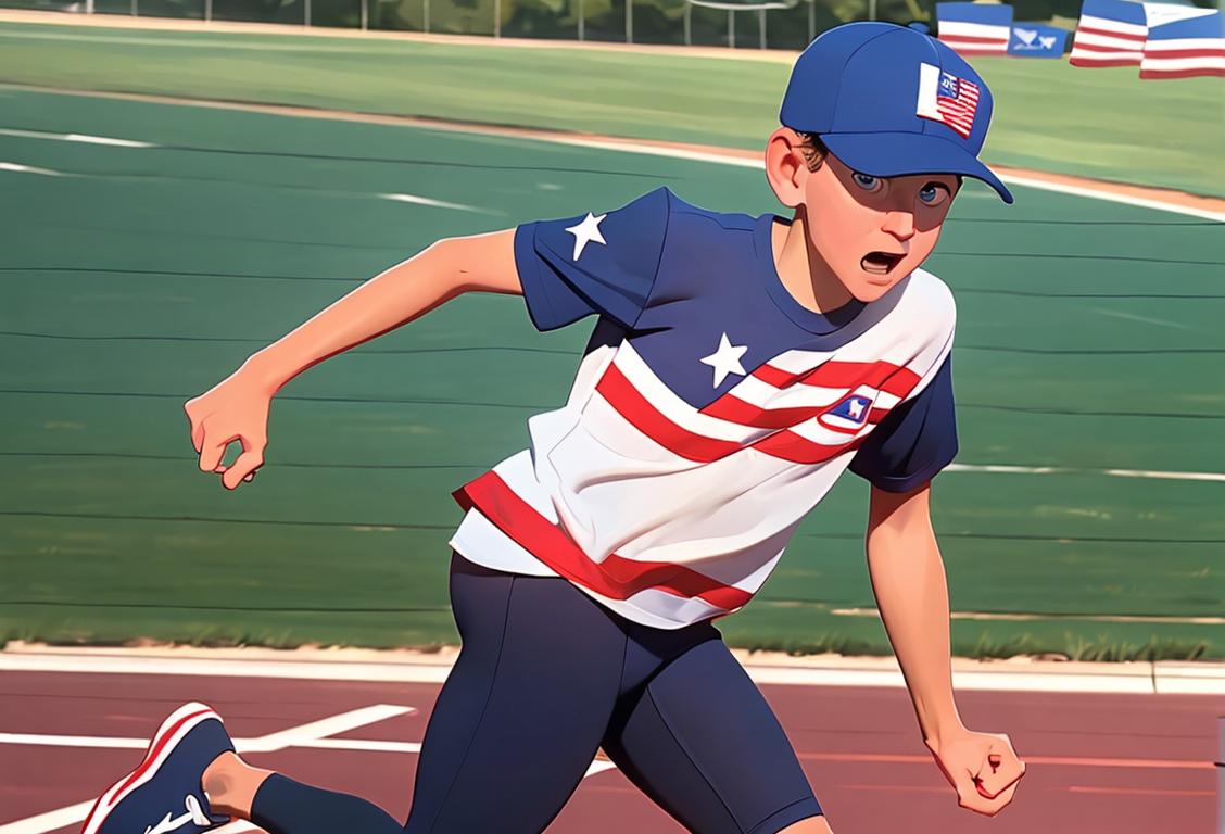 Young boy wearing running shoes, patriotic t-shirt, and a baseball cap, running down a track with a determined expression, American flag in the background..