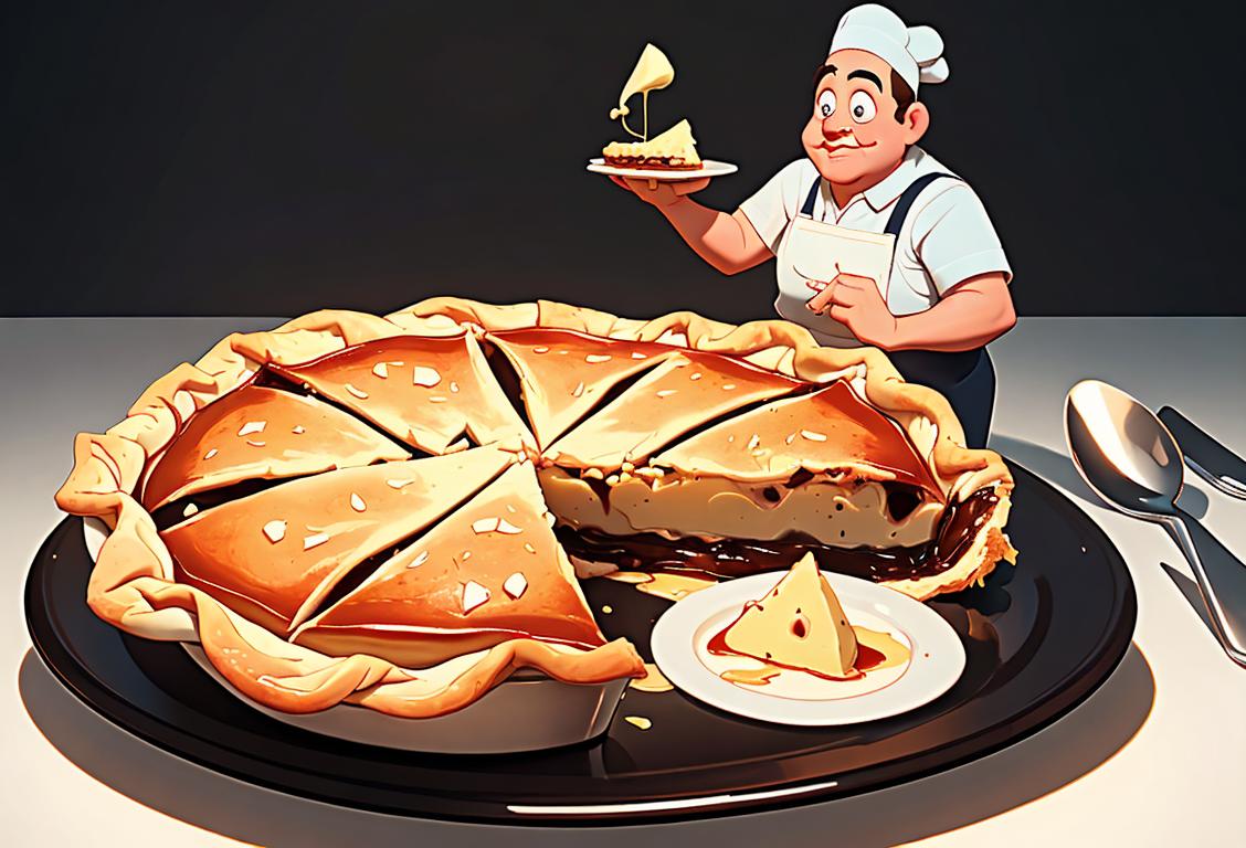 A person holding a delicious pie, surrounded by mathematical equations and symbols, dressed in a chef's apron, kitchen setting..