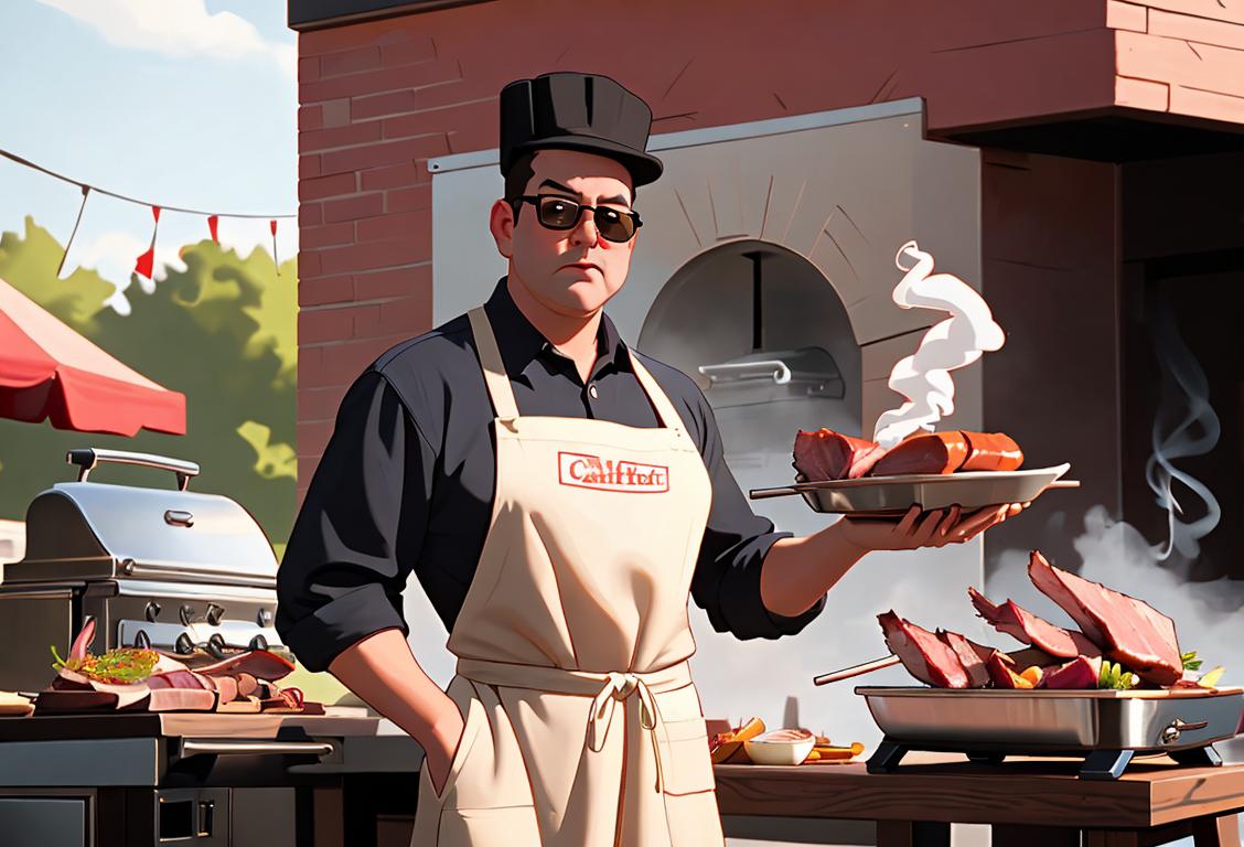 Person standing by a smoker, wearing a chef's hat, apron, and sunglasses, with a backyard barbecue party scene in the background..