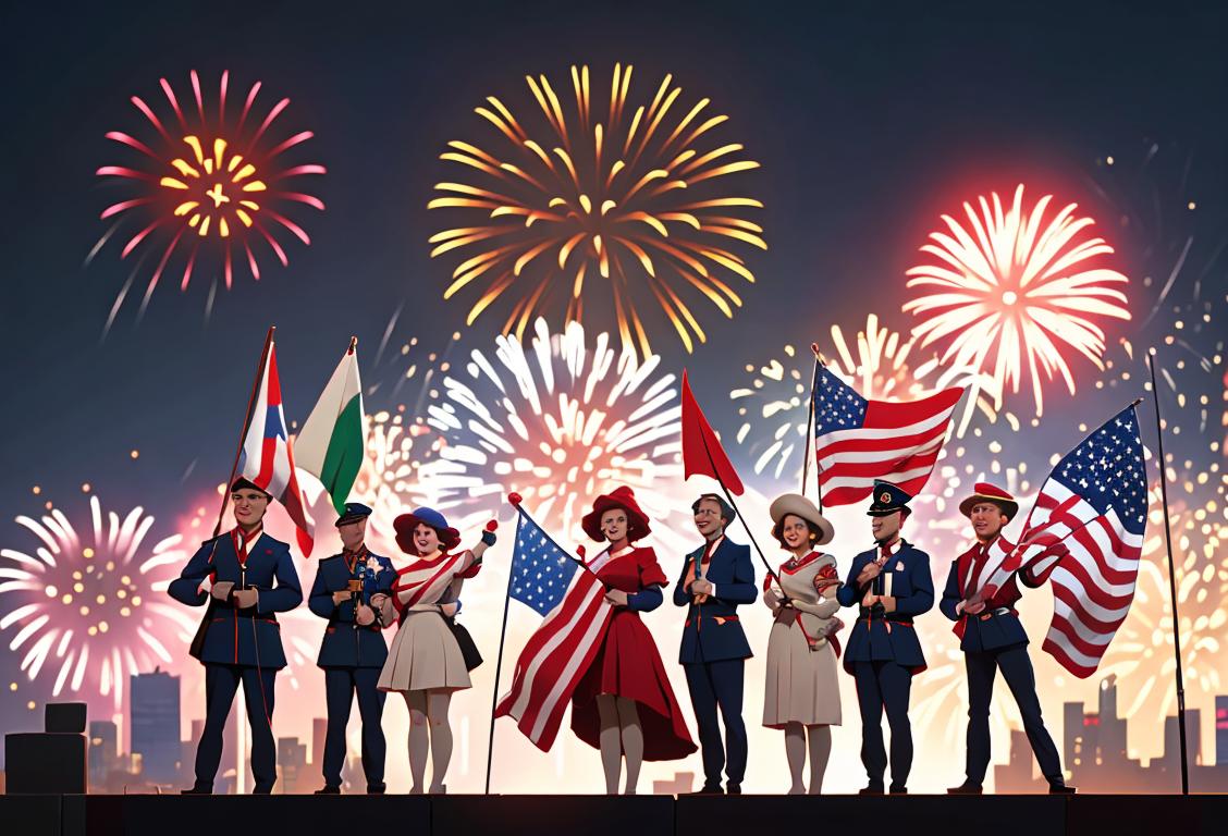 A diverse group of people wearing patriotic outfits, holding flags, and smiling against a backdrop of fireworks and city skyline..