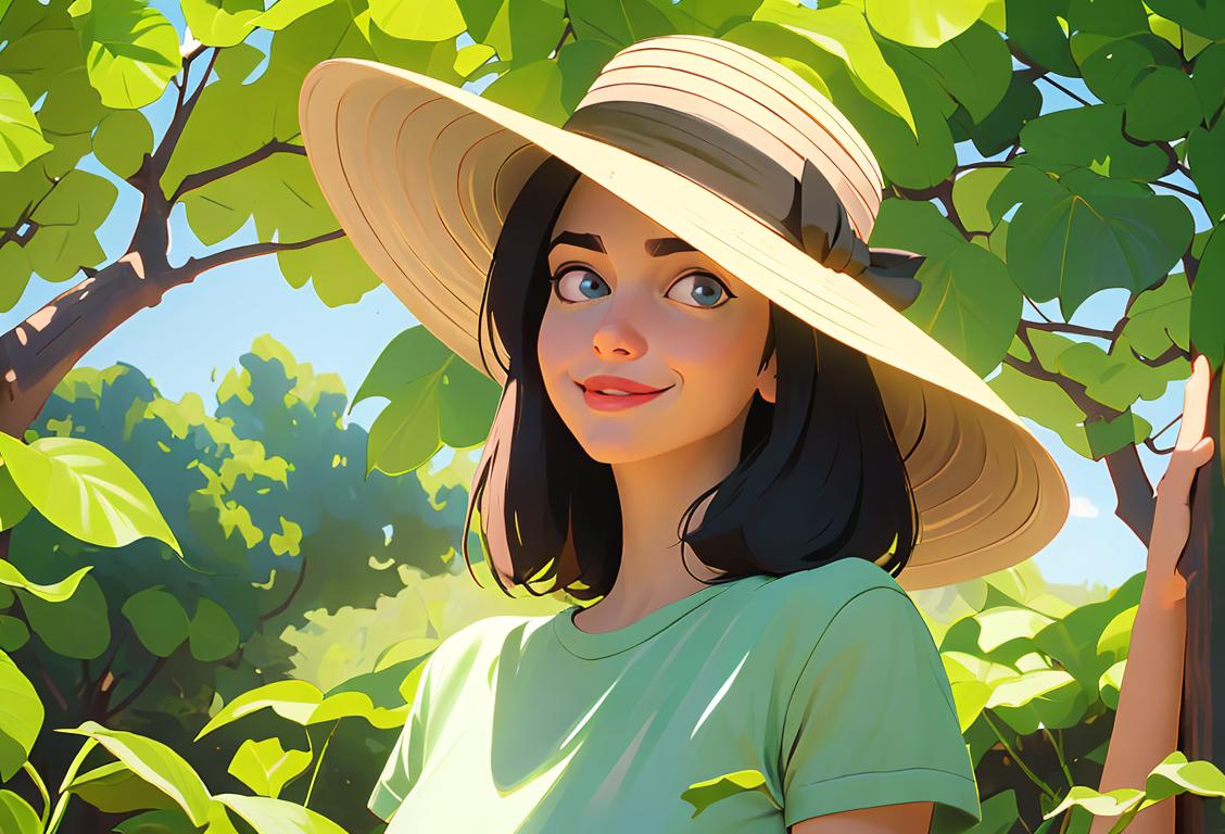 A joyful girl surrounded by lush greenery, wearing a wide-brimmed hat and a nature-themed t-shirt, exploring the wonders of National Earth Day..